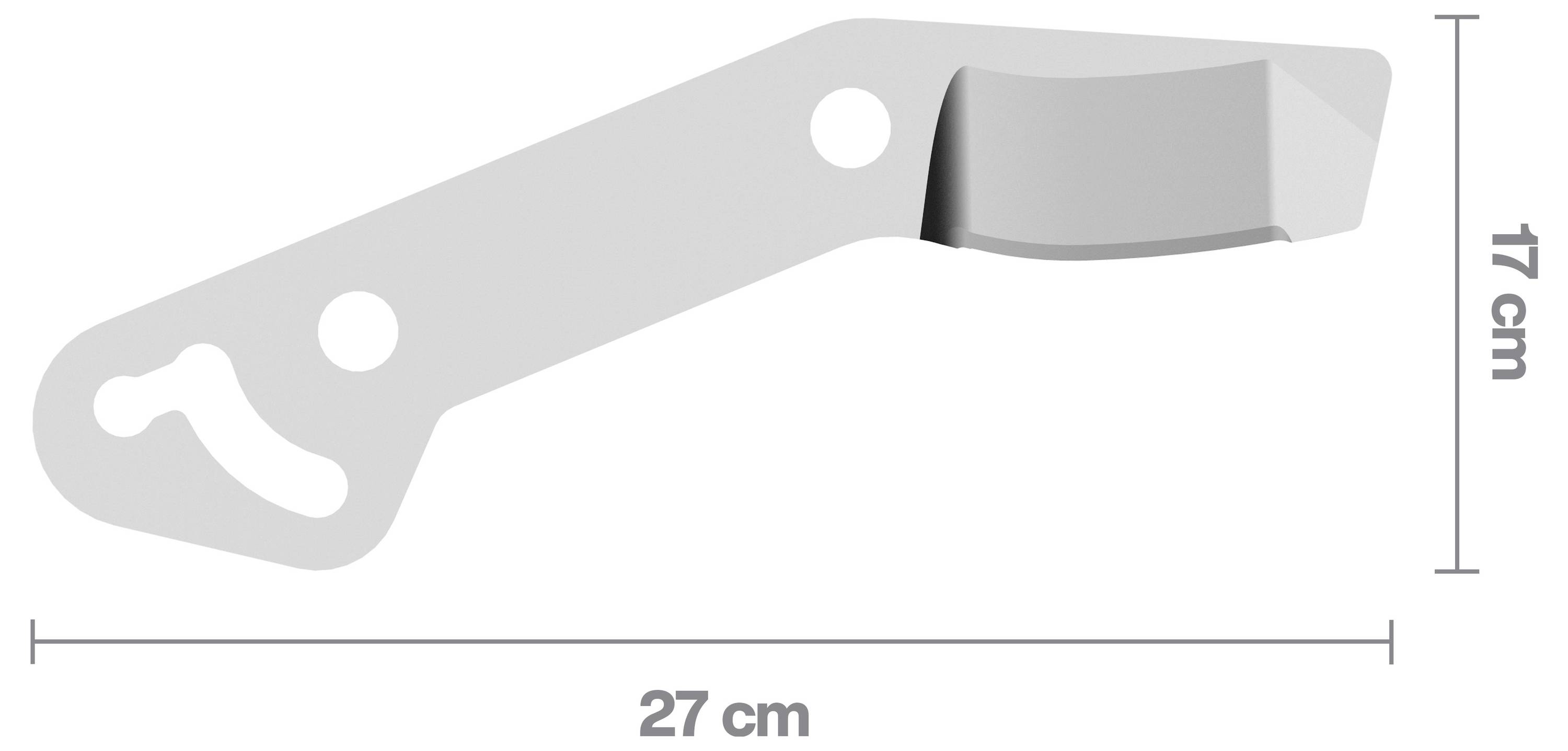 Abbildung eines Metallflaschenöffners mit ausgestanztem Griff, dargestellt mit Abmessungen von 27 cm Länge und 17 cm Höhe.