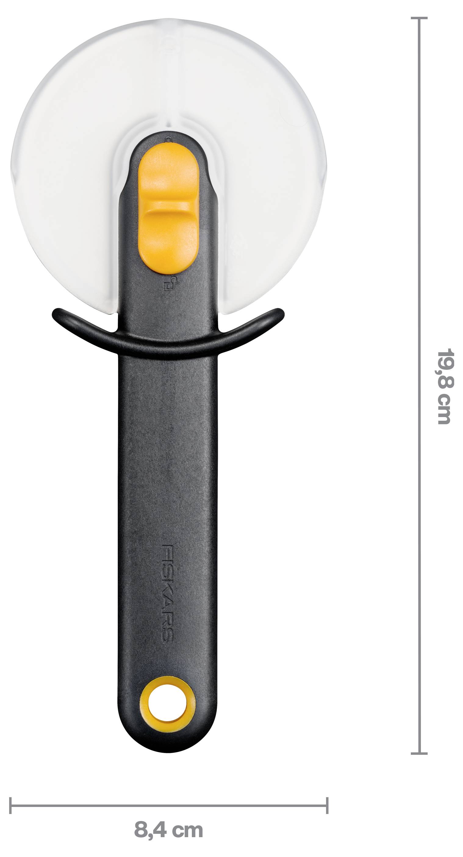 Pizzamesser mit schwarzem Griff und orangefarbenem Daumenschutz, dargestellt mit einer Skalierung von 19,8 cm Höhe und 8,4 cm Breite.