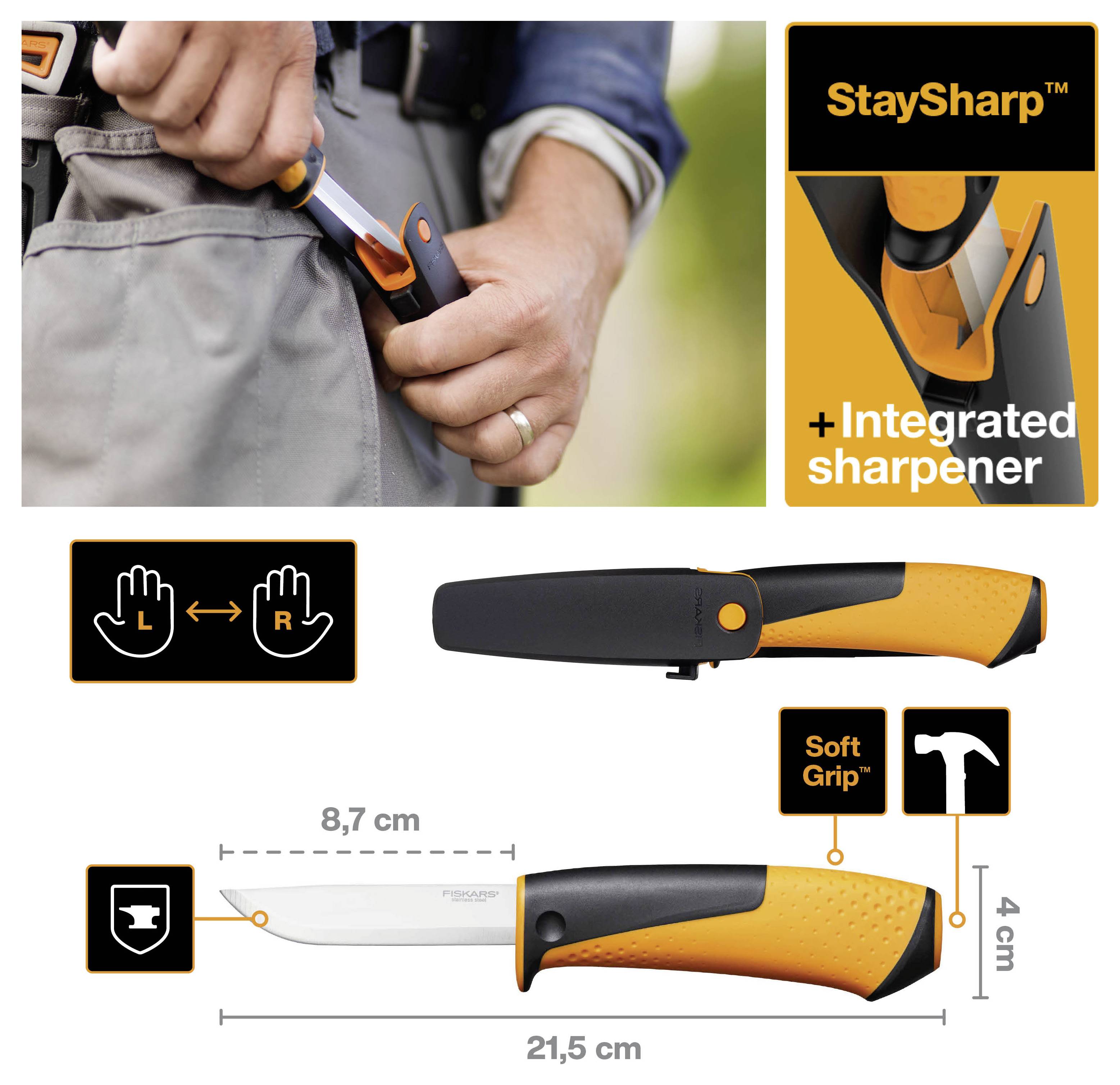 Produktbild eines StaySharp-Messers mit integriertem Schärfer, rutschfestem Griff, ambidextraler Verwendung und Abmessungen von 21,5 cm Länge und 4 cm Höhe.