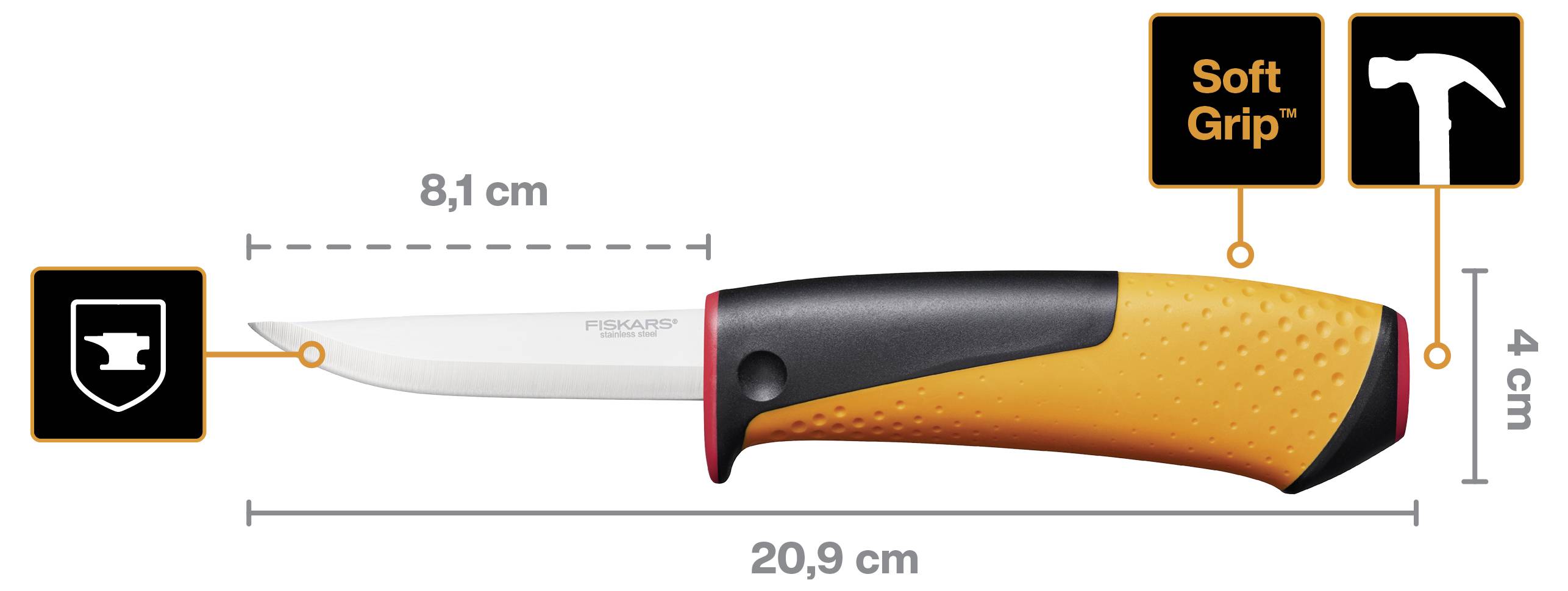 Abbildung eines Fiskars-Messers mit orange-schwarzem Griff, mit den Maßen 20,9 cm lang und 4 cm breit, mit der Aufschrift „Soft Grip