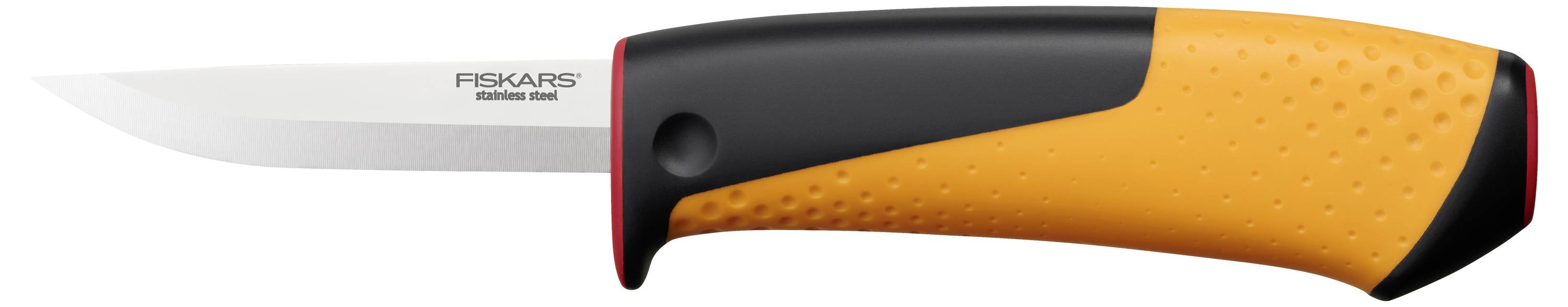 Fiskars Messer mit feststehender Klinge, silberner Klinge und orange-schwarzem strukturiertem Griff, gezeigt in Seitenansicht auf weißem Hintergrund.