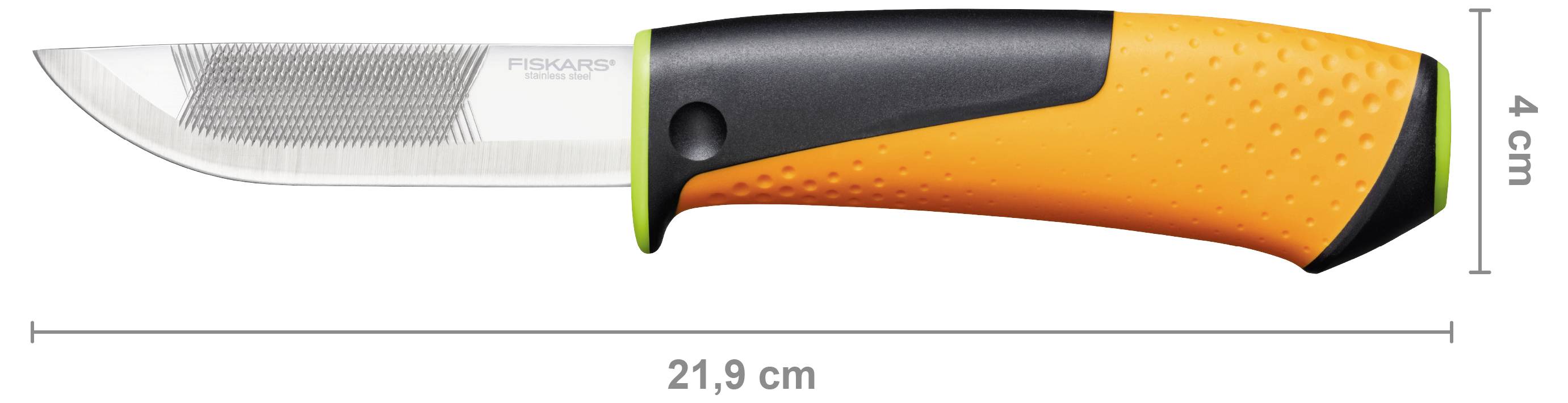 Küchenmesser mit schwarzem und orangefarbenem Griff, in Seitenansicht dargestellt, mit der Beschriftung 21,9 cm lang und 4 cm hoch.