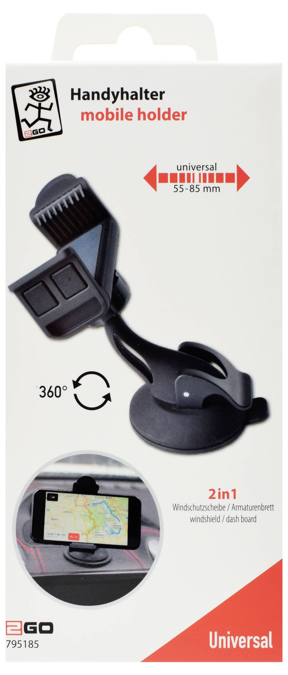 Produktpaket für eine 360°-universelle Handyhalterung mit verstellbarer Befestigung für Auto-Windschutzscheibe oder Armaturenbrett für Telefone mit einer Breite von 55–85 mm.