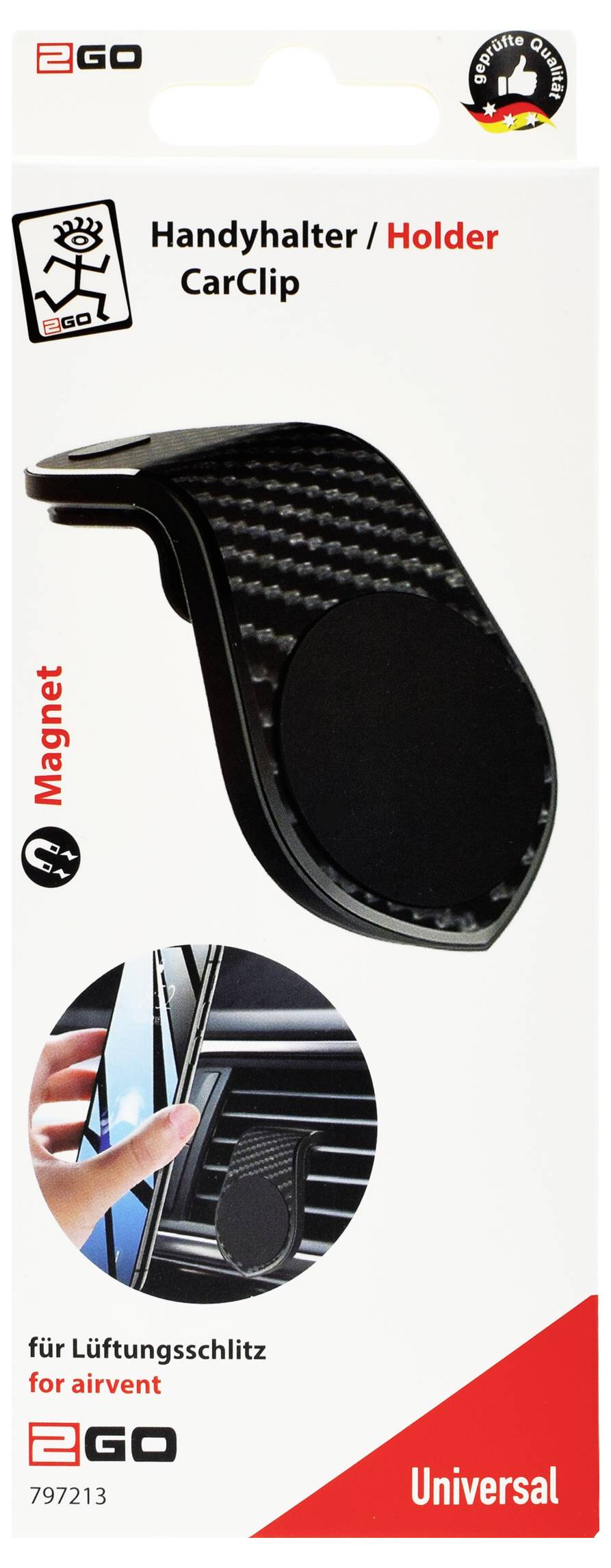 Verpackungsbild eines EGO magnetischen Auto-Handyhalters/Clips für Lüftungsschlitze, beschriftet mit 