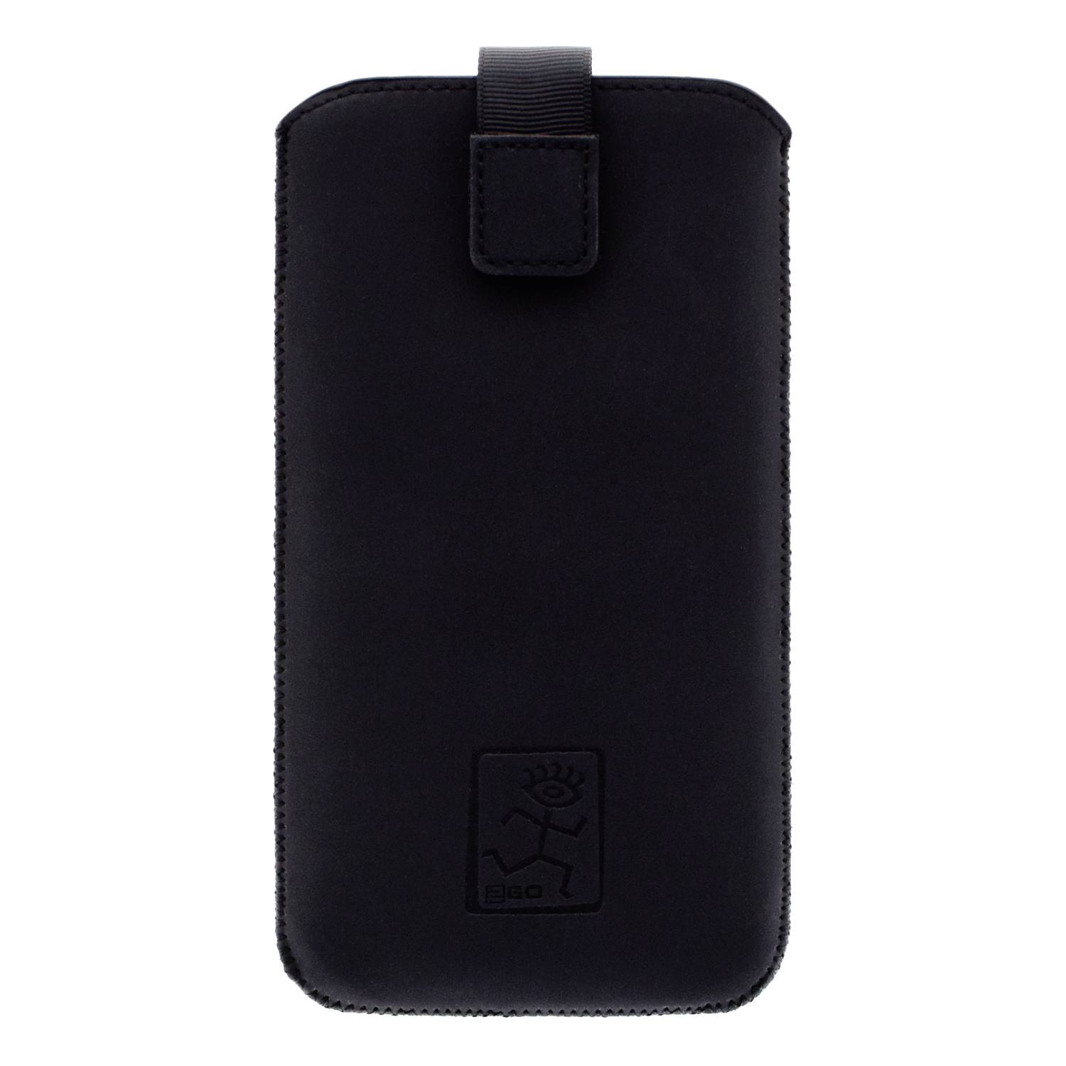 Schwarze Telefontasche mit Reißverschluss, Zuglasche und geprägtem Logo, vor weißem Hintergrund dargestellt.