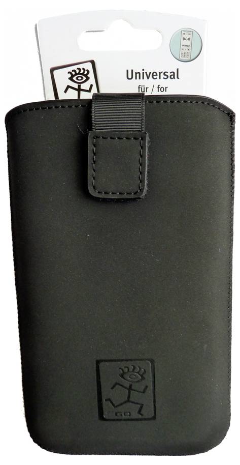 Schwarze universelle Telefontragetasche in Einzelhandelsverpackung mit oberer Klappe und geprägtem Logo.
