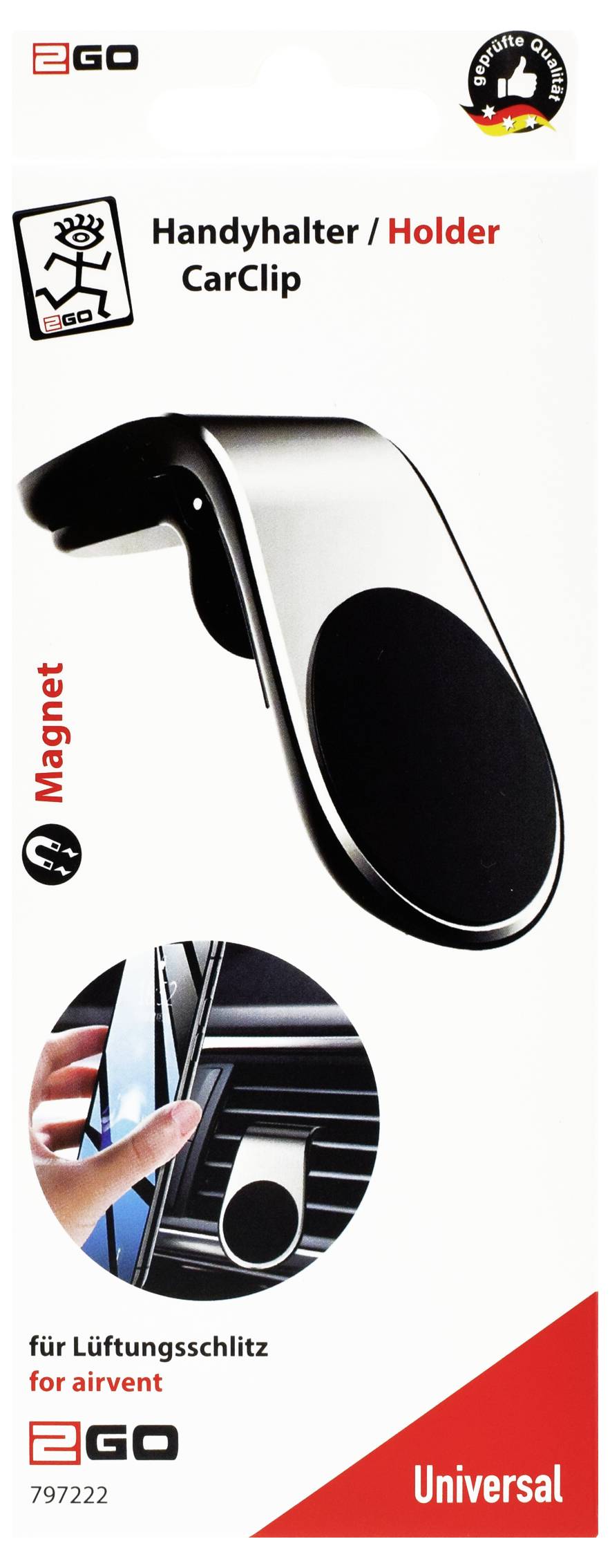 EGO universelle magnetische Auto-Lüftungsschlitz-Handyhalterung mit Clip, beschriftet mit „Handyhalter / Holder CarClip