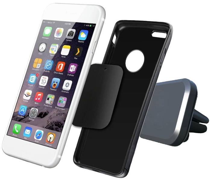Smartphone mit schwarzem Schutzcover und abnehmbarem Ständer-Zubehör daneben gezeigt.