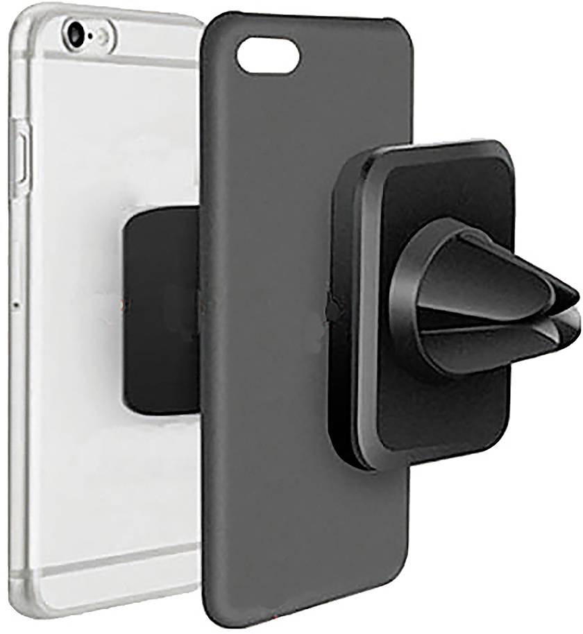 Smartphone-Hülle mit einem angebrachten schwarzen Lüftungsgitterclip-Halterung, dargestellt neben einer transparenten Handyhülle und einer dunklen Schutzrückseite.