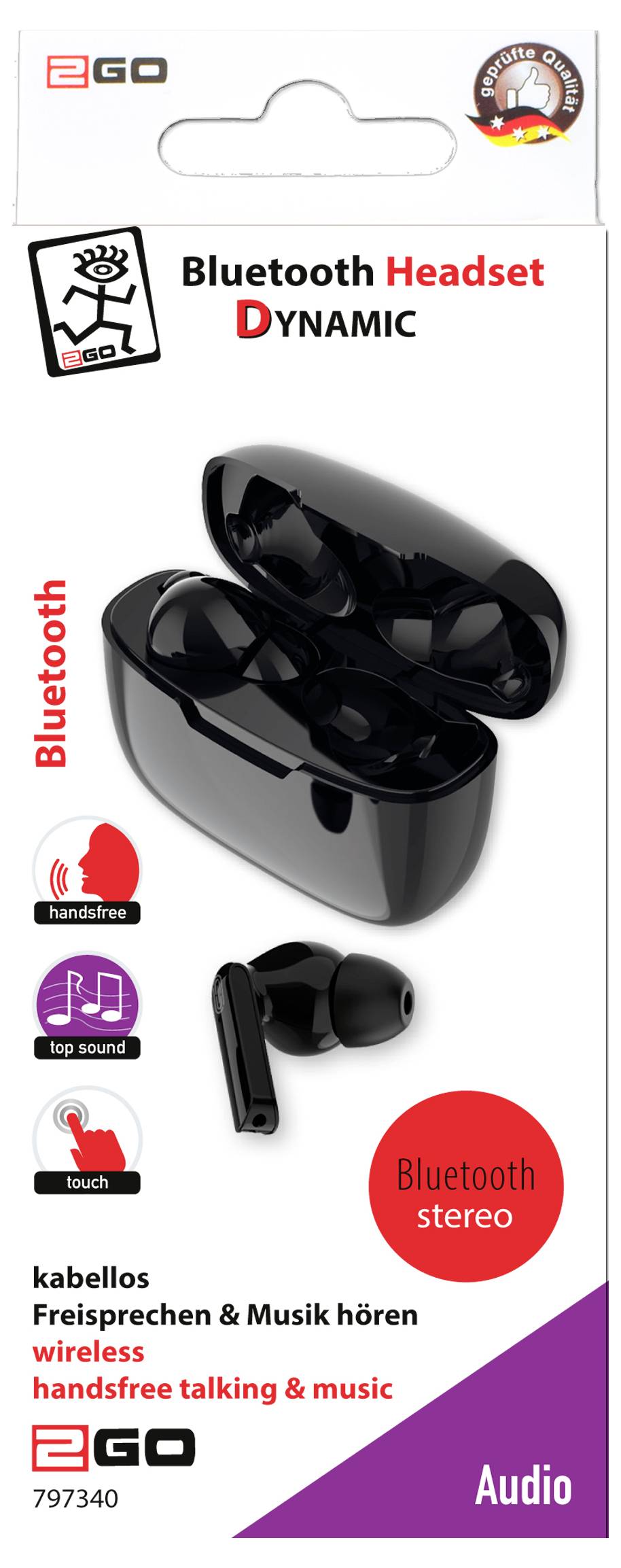 Verpackung für EGO Dynamic Bluetooth-Kopfhörer mit schwarzen kabellosen Ohrstöpseln in Ladeetui, mit Funktionen für 