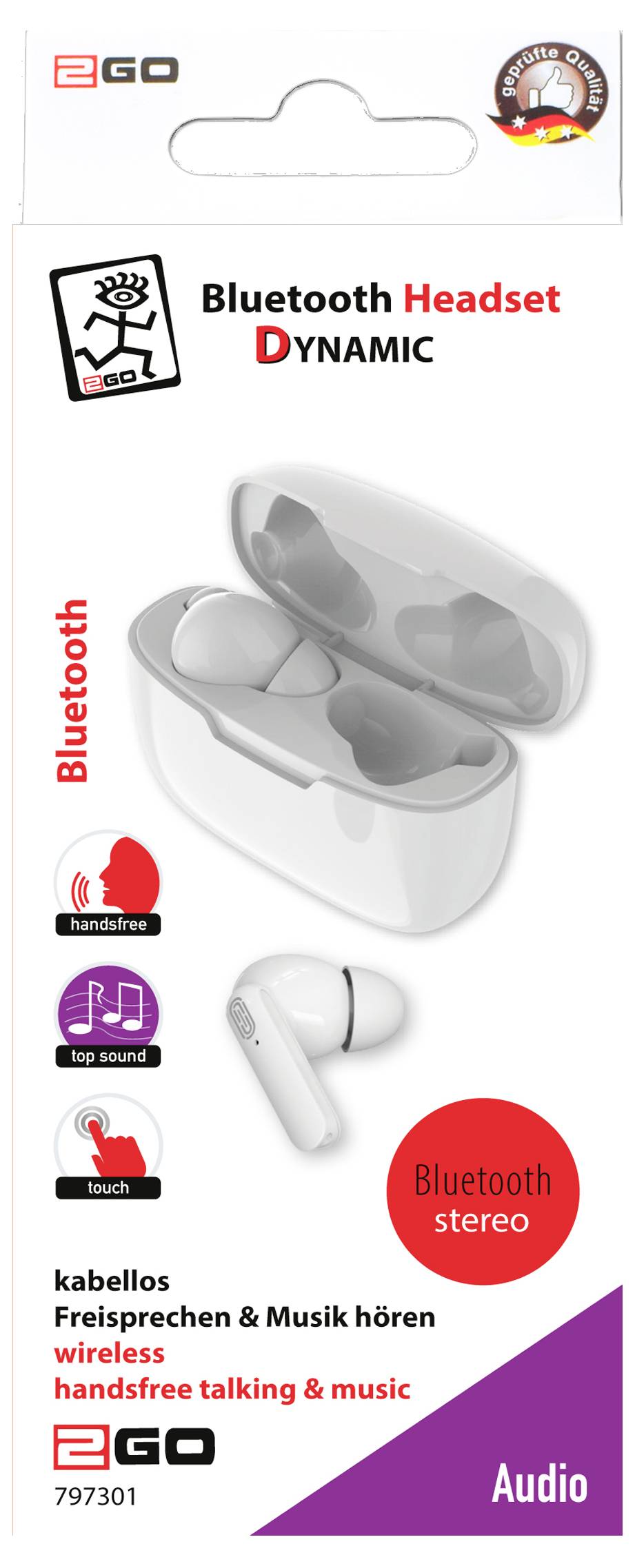 Produktverpackung für EGO Dynamic Bluetooth-Kopfhörer, die weiße kabellose Ohrhörer in einem Ladegehäuse und Symbole für Freisprechfunktion, erstklassigen Sound, Touch-Steuerung und Bluetooth-Stereoaudio zeigen.