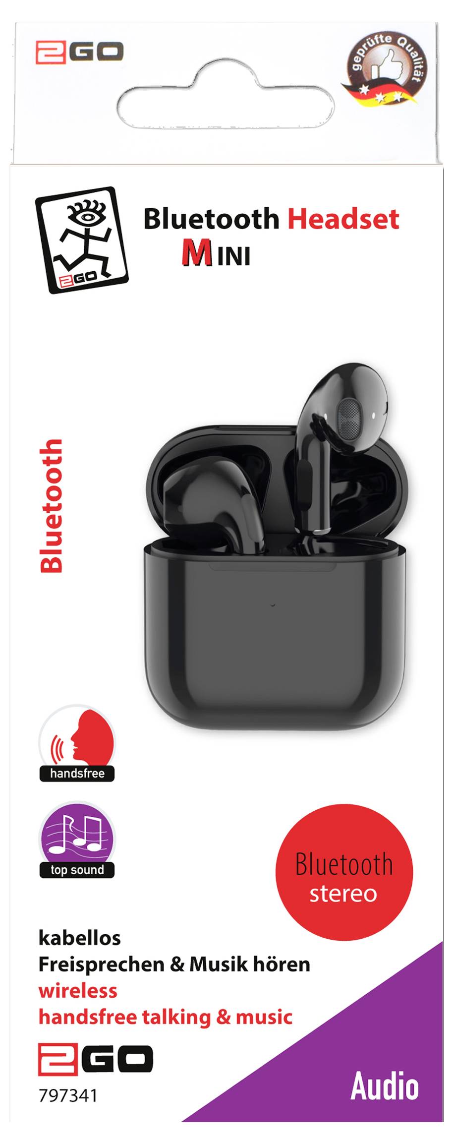 Verpackung für ein EGO Bluetooth-Headset Mini, zeigt schwarze kabellose Ohrhörer in einem Ladegehäuse mit den Beschriftungen „Bluetooth-Stereo