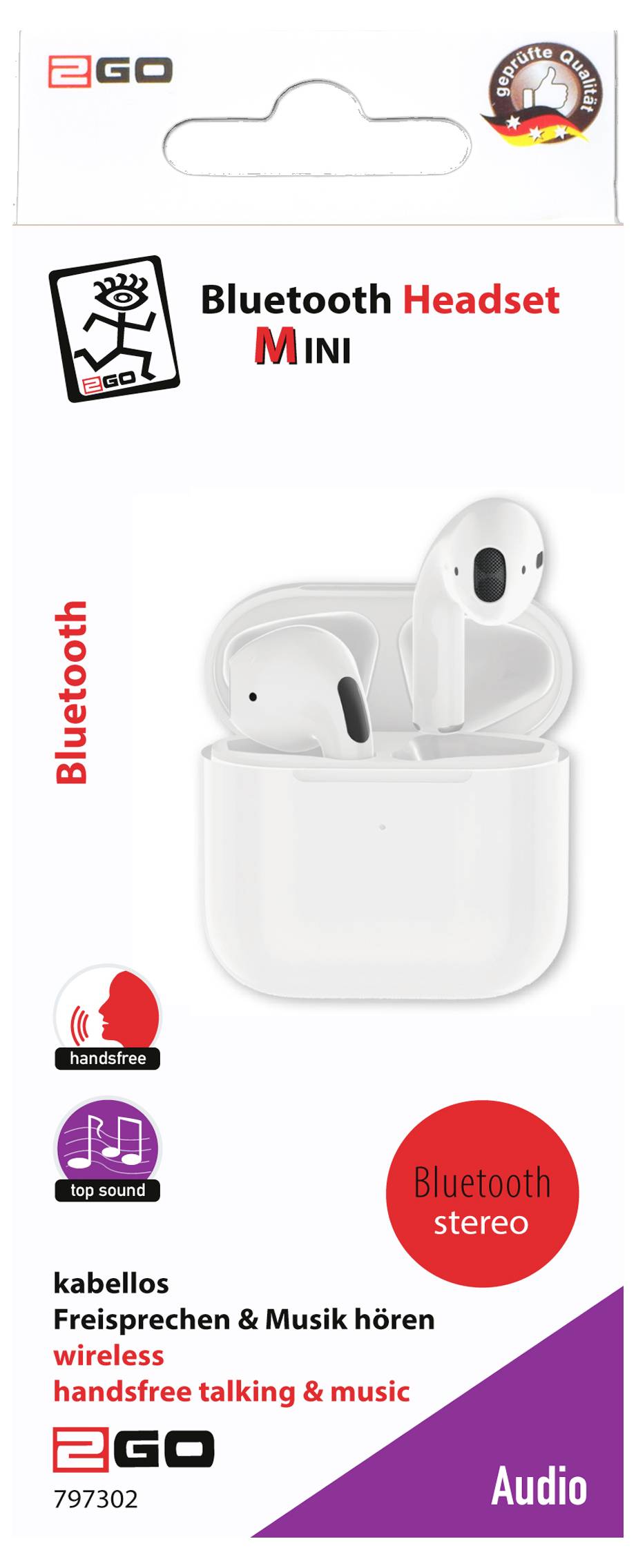 Verpackung für EGO Bluetooth Mini-Kopfhörer, zeigt weiße Ohrhörer in Ladeetui mit „Bluetooth-Stereo