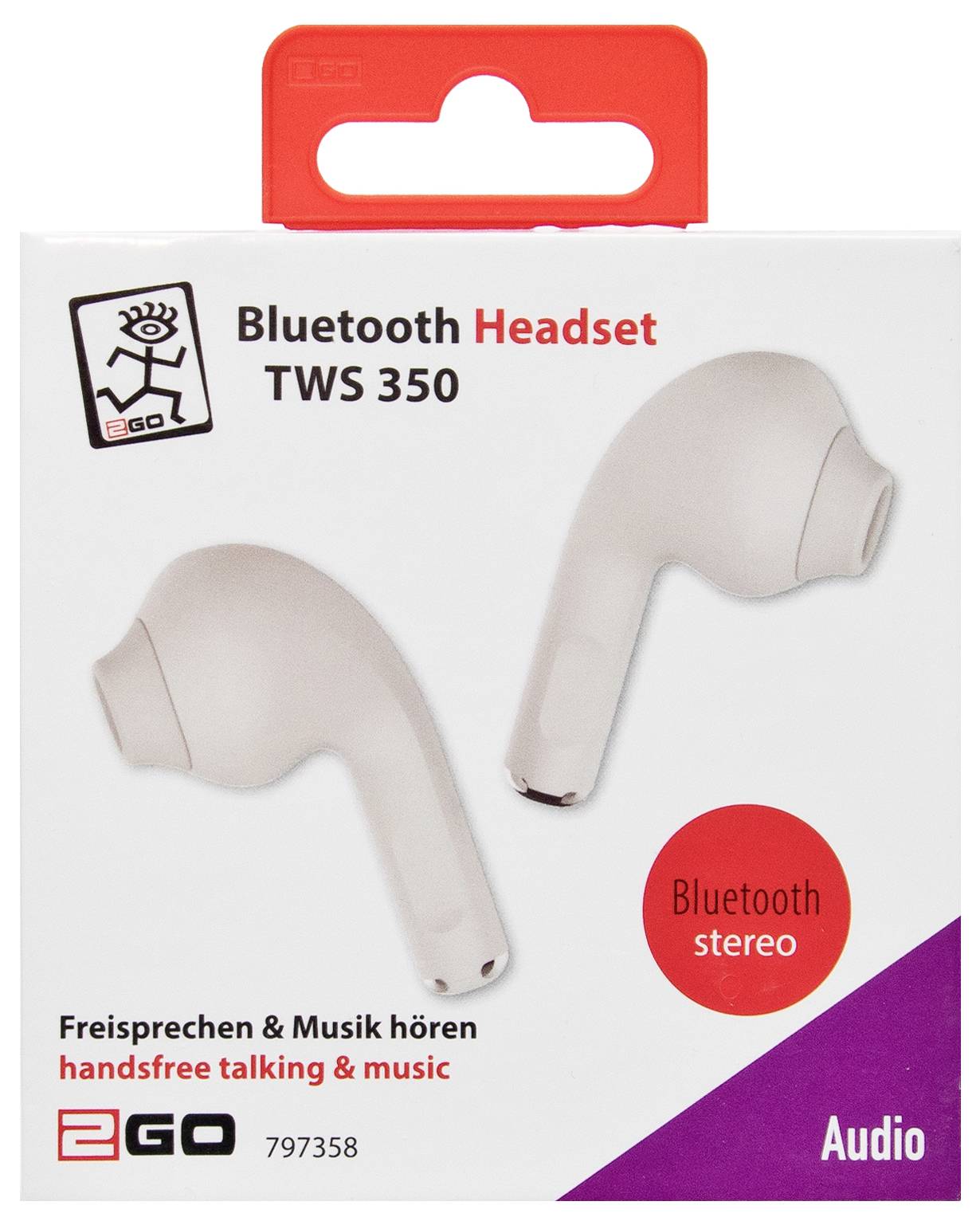 Produktbox für Bluetooth-Kopfhörer TWS 350 mit zwei weißen Ohrhörern und Text „Bluetooth-Stereo