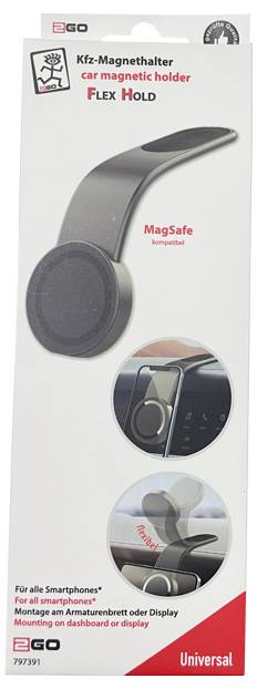 # Produktverpackung für einen EGO flexiblen magnetischen Kfz-Handyhalter**Kfz-Magnethalter****FLEX HOLD****MagSafe kompatibel****Universal**