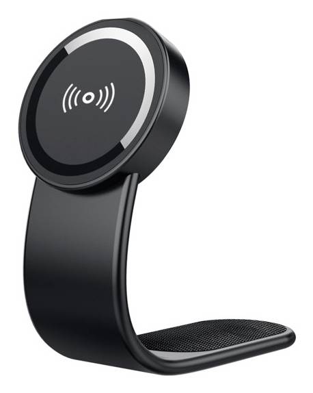 Schwarze kabellose Ladestation mit rundem magnetischem Ladepad und gekrümmter Basis zum aufrechten Abstellen eines Telefons während des Ladevorgangs.