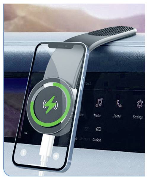 Smartphone in einer Auto-Lüftung montiert, kabellos aufgeladen, mit grünem Batteriesymbol auf dem Bildschirm.