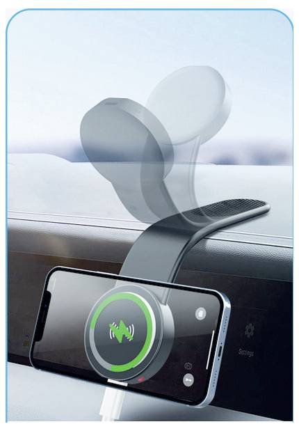 Ein auf einem Armaturenbrett eines Autos montiertes Smartphone zeigt eine grüne Sprachassistent-Wellenform an, mit einem transparenten Telefonhalter-Arm dahinter.