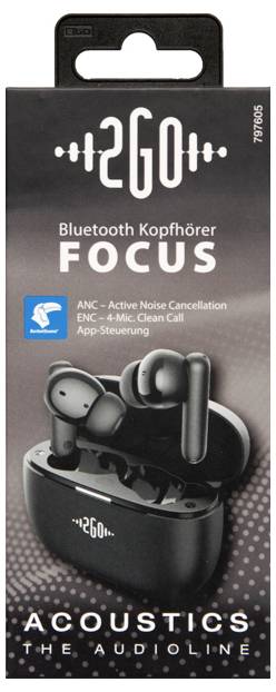 Schachtel mit 2GO Focus Bluetooth-Kopfhörern, die ANC, Mikrofon und App-Steuerung zeigen, mit Ohrhörern in einem Ladeetui.