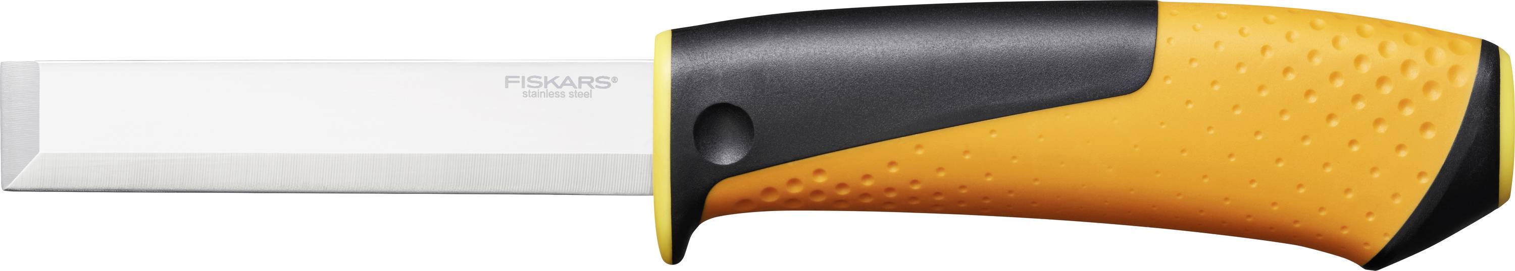 Ein Fiskars Küchenmesser mit schwarzem und orangefarbenem ergonomischem Griff und breiter silberner Klinge.