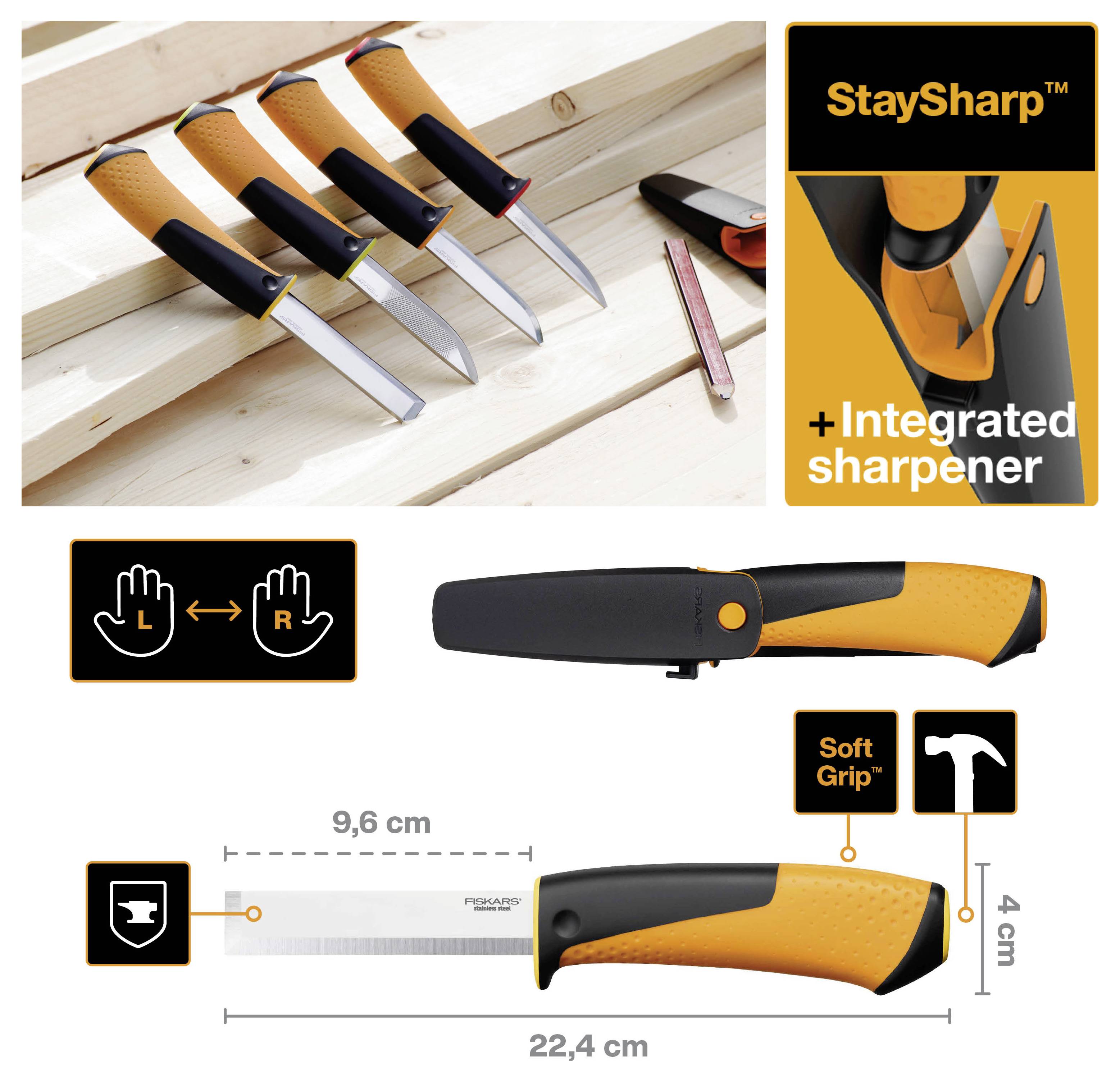 Produktbild von orange-schwarzen StaySharp-Messern mit integriertem Schärfer, zeigt Symbole für Links-/Rechtshändigengriff und Abmessungen: 22,4 cm lang, 9,6 cm Klinge, 4 cm Griff.