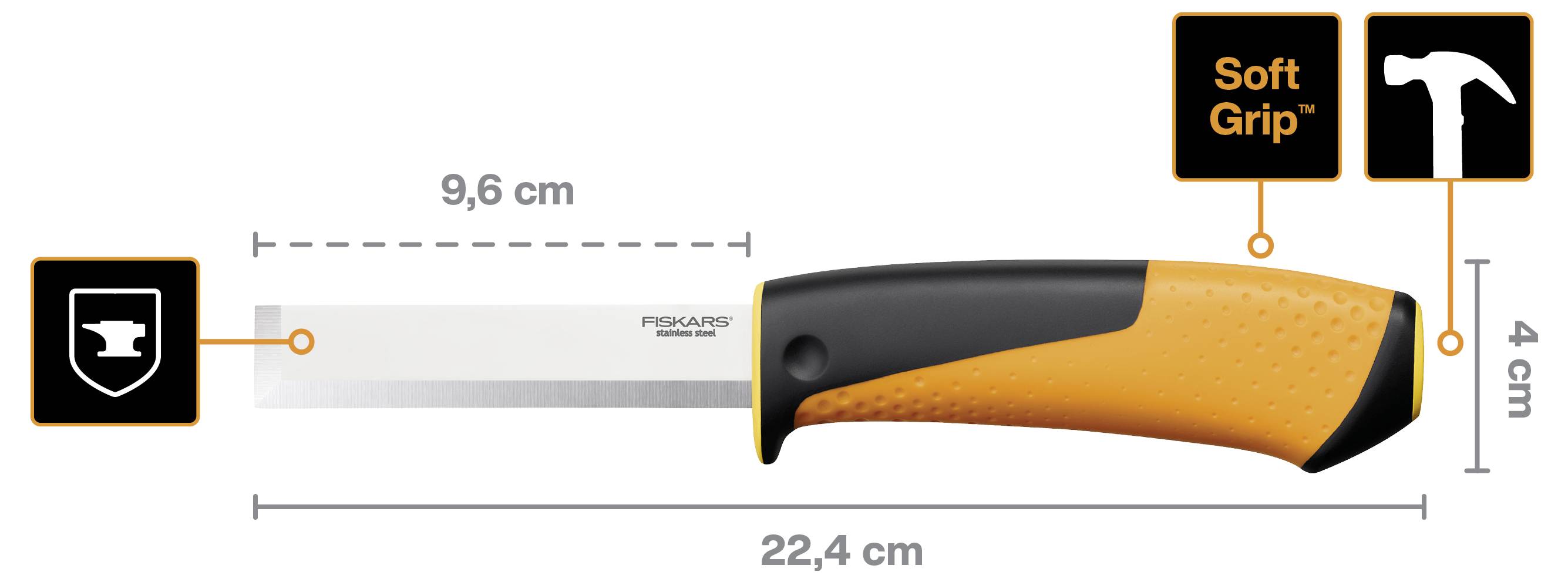 Produktbild eines Fiskars Soft Grip Handwerkzeugs mit einer 9,6 cm Metallklinge und orange-schwarzem Griff, das Abmessungen von 22,4 cm Länge und 4 cm Höhe zeigt.