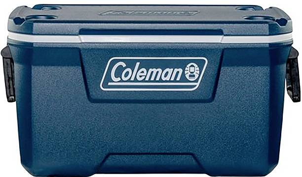 Blauer Coleman-Hartschalenkühlbox mit grauem Deckel und schwarzen Seitengriffen, Frontansicht.