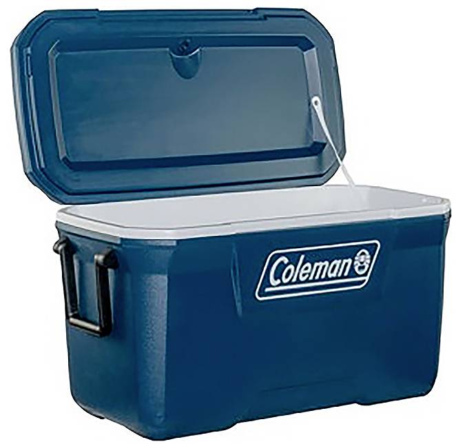 Blauer Coleman Hartschalenkühlbox mit offener Decke und weißem Innengriff.