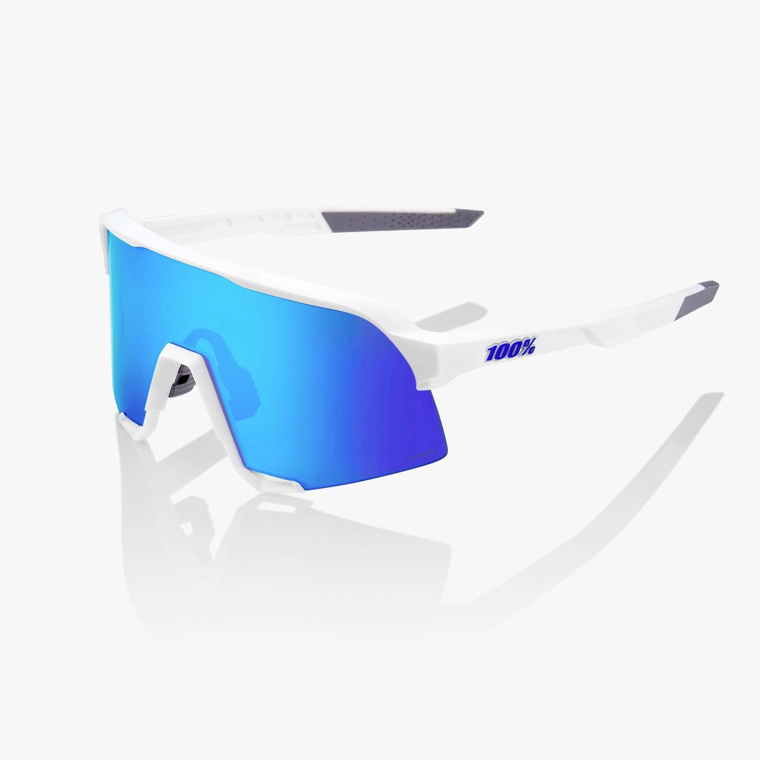Blaue verspiegelte Sportsonnenbrille mit Wraparound-Design, weißem Rahmen und 
