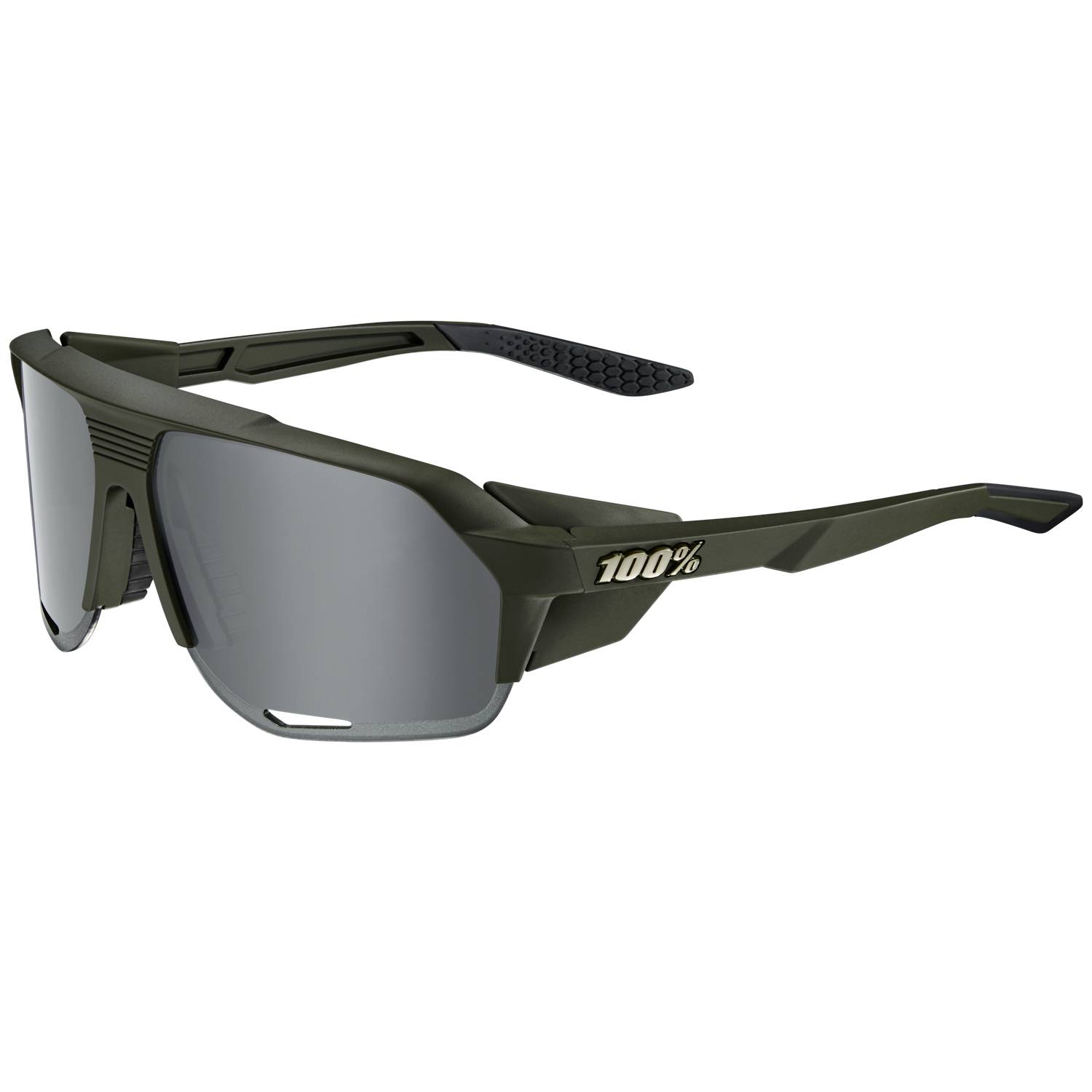 Schwarze Sportsonnenbrille mit Wickeldesign, verspiegelten grauen Gläsern und „100%