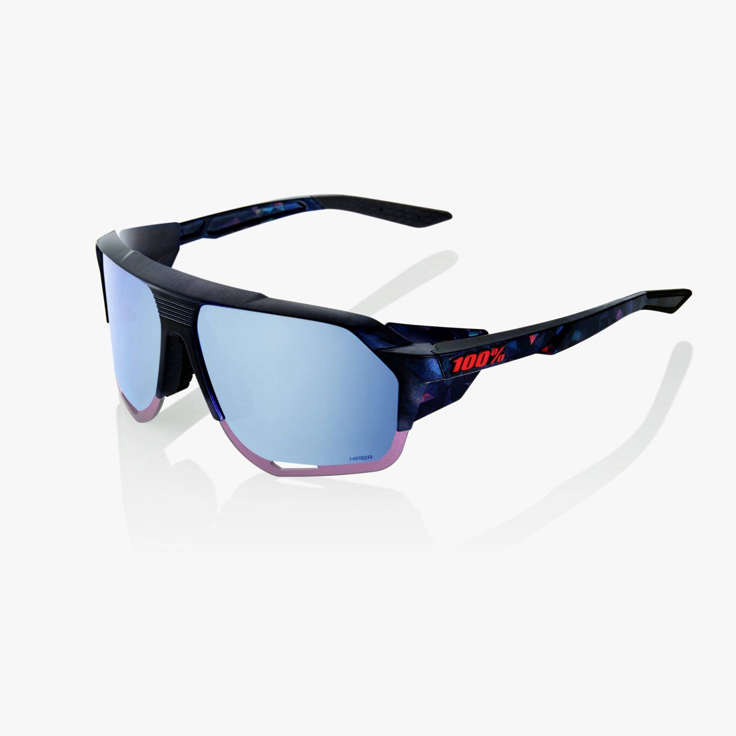 Blaue verspiegelte Sportsonnenbrille mit schwarzem Rahmen und rotem „100%