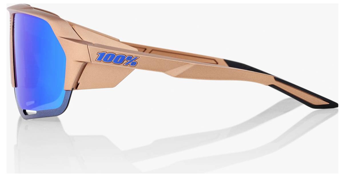 Seitenansicht von Sonnenbrillen mit Kupferrahmen und Umwicklungsdesign, blauen verspiegelten Gläsern und „100%