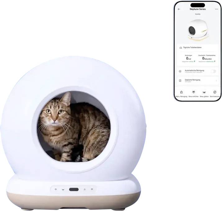 Weiße, kreisförmige intelligente Katzenklobox mit einer Katze darin, gezeigt mit einem Smartphone-App-Bildschirm für Fernüberwachung und Reinigungssteuerung.