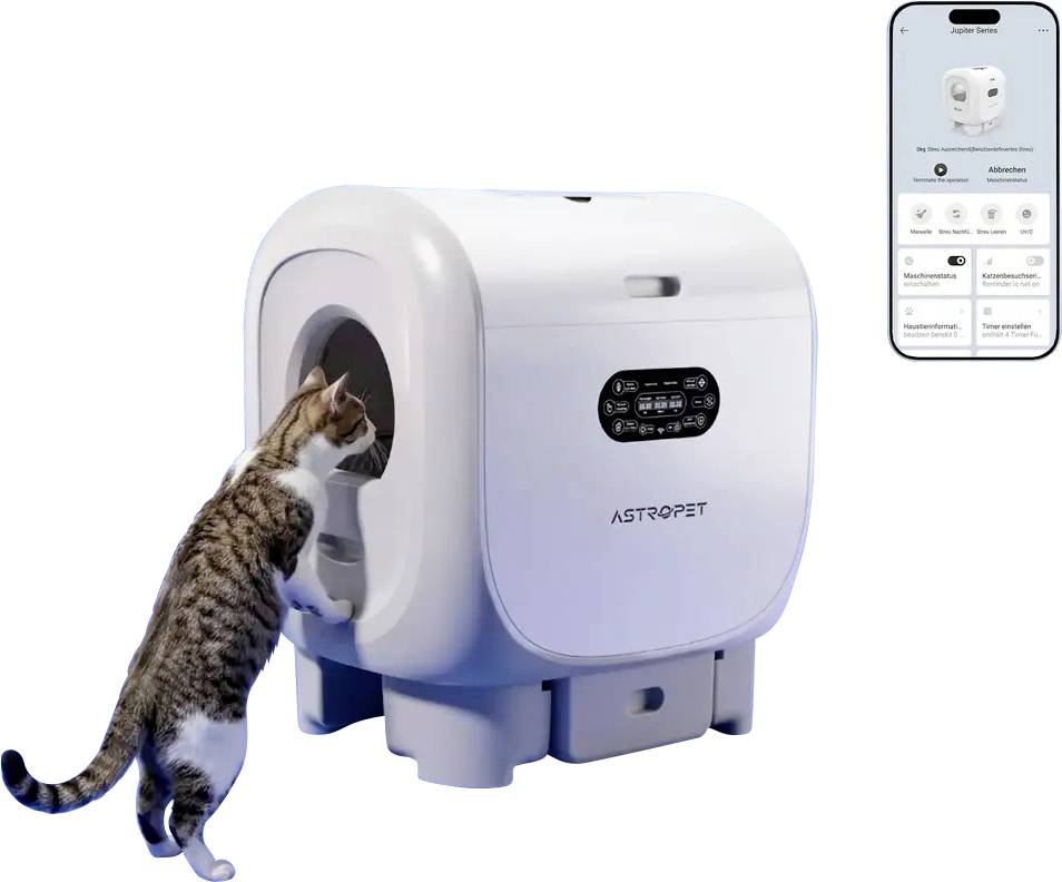 Katze, die eine selbstreingende automatische Katzentoilette mit einer auf einem Telefonbildschirm angezeigten mobilen App verwendet.