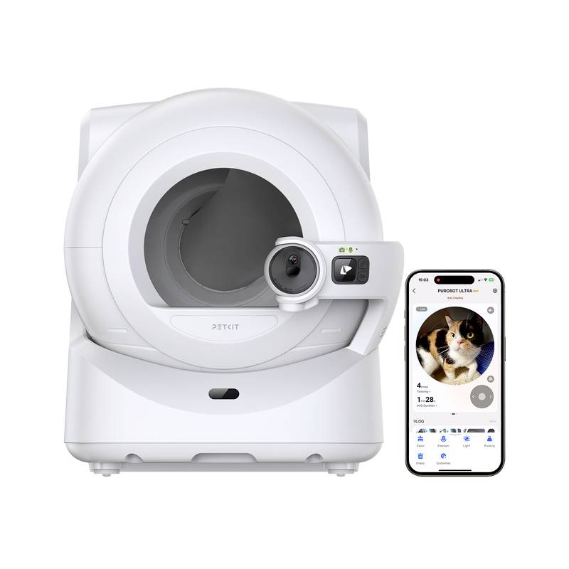 Selbstreinigendes weißes PETKIT-Katzenklo mit integrierter Kamera, neben einer Telefon-App dargestellt, die eine Katze im Inneren überwacht.