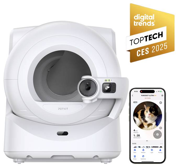 Eine weiße PETKIT-Katzentoilette mit einem Smartphone-App-Bildschirm, gezeigt mit einem Award-Badge 