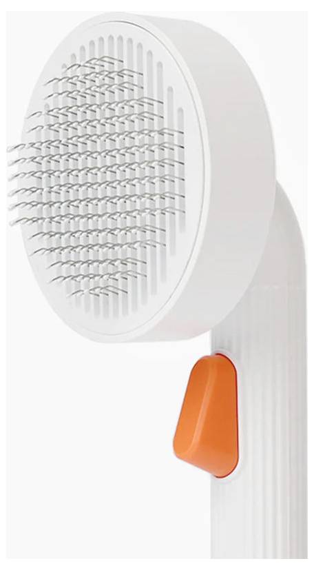 Nahaufnahme einer weißen elektrischen Haarbürste oder eines Grooming-Geräts mit einem orangefarbenen Netzschalter am Griff.