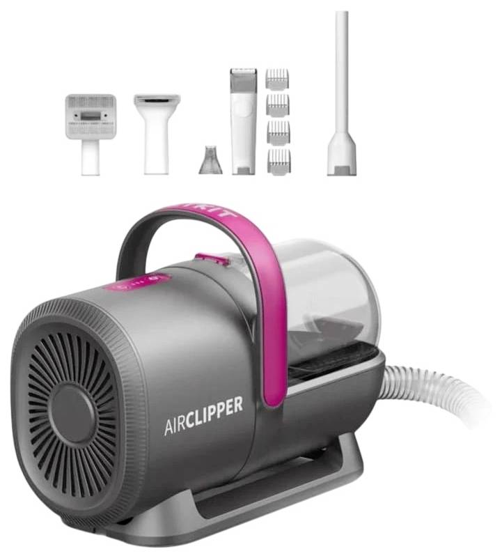 Tragbarer Haustierpflege-Staubsauger mit der Bezeichnung AIRCLIPPER mit rosa Griff, Schlauch und mehreren austauschbaren Pflegezubehören, die oben abgebildet sind.