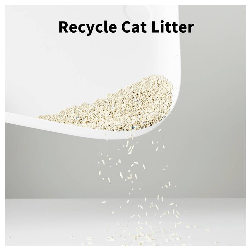 Katzenstreu wird aus einer weißen Katzentoilette ausgegossen, mit dem Titel „Katzenstreu recyceln