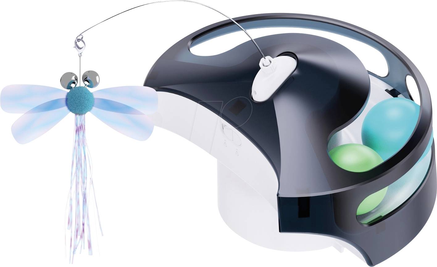 Ein kleiner fliegender Roboter oder eine Drohne mit durchsichtigen Flügeln schwebt neben einem eleganten schwarzweißen Gerät mit leuchtenden blaugrünen inneren Komponenten.