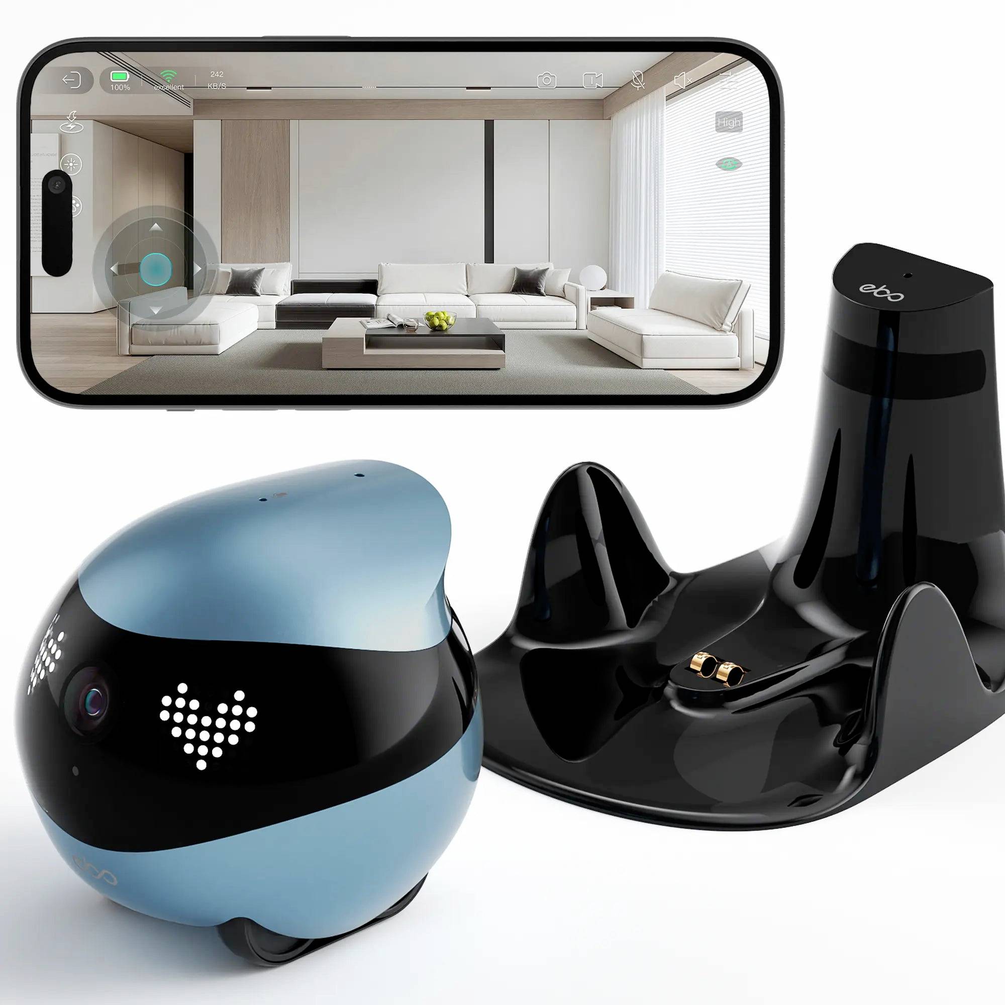 Smart-Home-Sicherheitsgerät mit einer Telefon-App zur Überwachung eines Wohnzimmers, plus einer glänzenden schwarzblauen roboterartigen Kamerabasis und Ladedock.