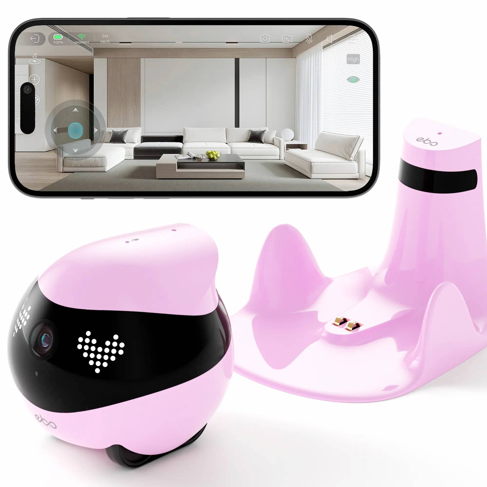Rosa KI-Hausroboter mit Ladestation und einer Telefon-App, die eine Wohnzimmeransicht steuert.