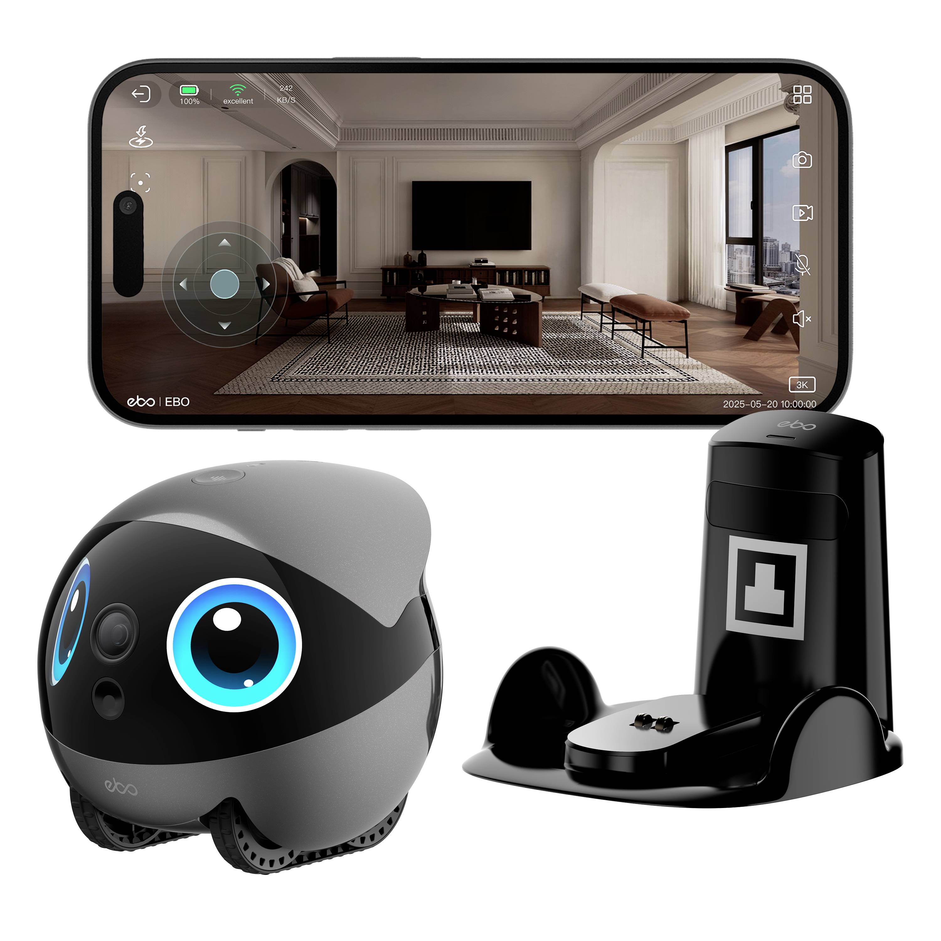 EBO-Hausroboter-System mit smartphone-ähnlicher Live-Raumansicht, kugelförmigem Roboter und Ladestation; der Bildschirm zeigt eine Wohnzimmer-Überwachungsschnittstelle.