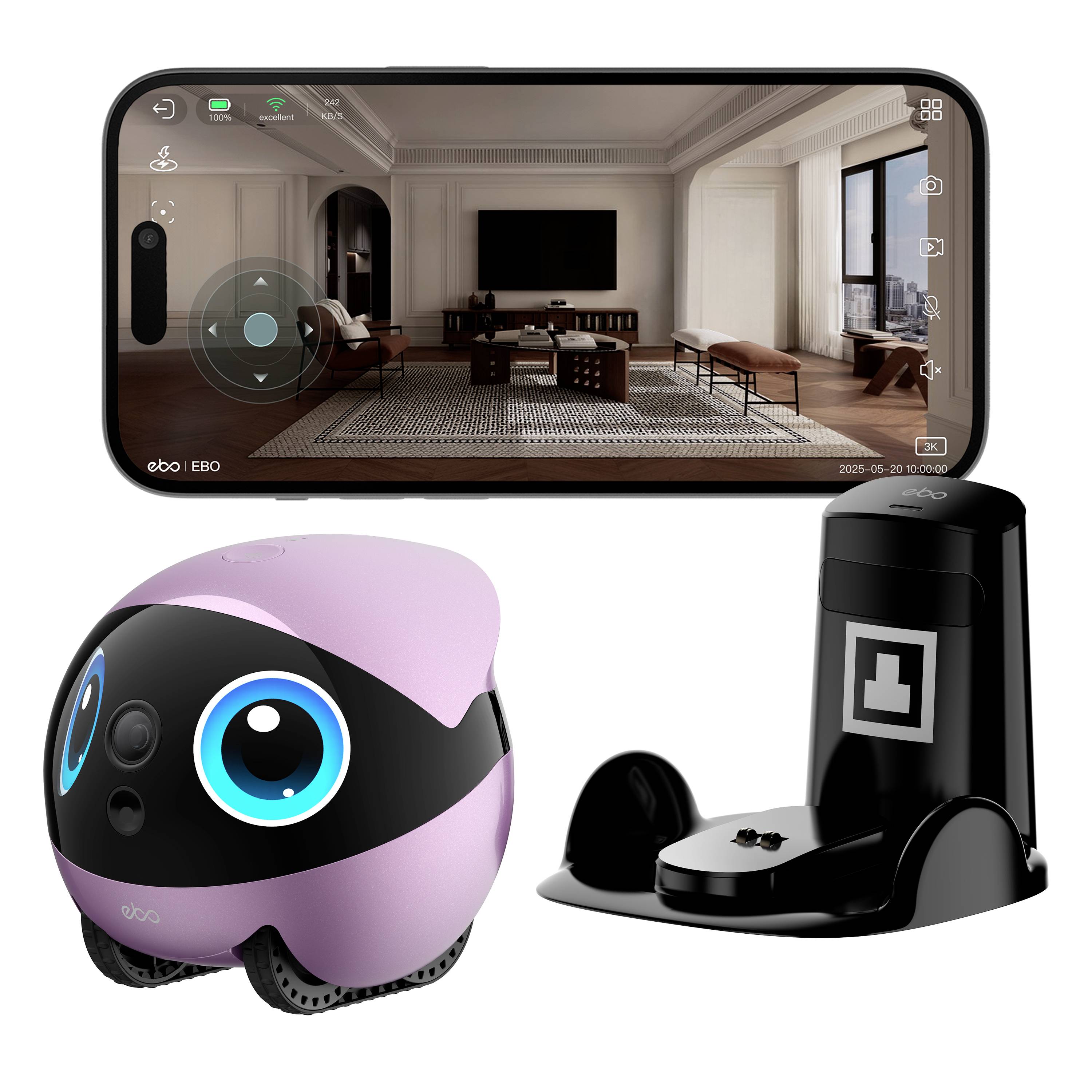 Werbebild eines Roboterstaubsaugersystems: Ein Telefon zeigt eine Wohnzimmerkameraansicht, ein rosa runder Roboterstaubsauger und eine schwarze Ladestation/ein schwarzes Ladegerät.