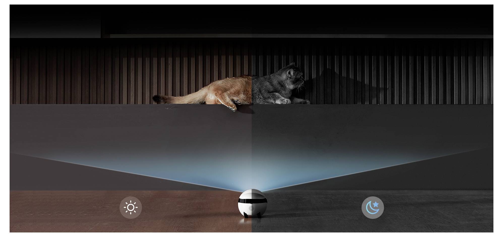 Eine Katze liegt auf einem Regal unter einem Scheinwerfer, mit einer zentralen projektorähnlichen Steuerung und Sonne- und Mond-Symbolen, die eine Helligkeits- oder Tag-Nacht-Modus-Einstellung suggerieren.