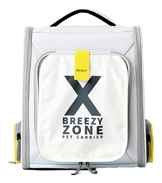 Weiße PetKit Breezy Zone Haustiertasche mit frontalem Reißverschlussfach und schwarzem Griff oben.