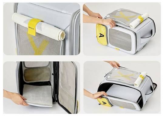 Vierschrittiger Überblick über eine zusammenklappbare Haustiertransportbox, die geöffnet und zusammengebaut wird, mit einer aufgerollten Matte und gelbem Tragegurt mit der Bezeichnung 