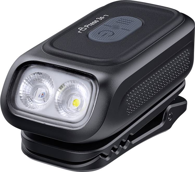 Schwarzes Fahrrad-LED-Licht mit Klippverschluss, zwei vorderen Lampen und oberer Betriebstaste auf einer kompakten Halterung.