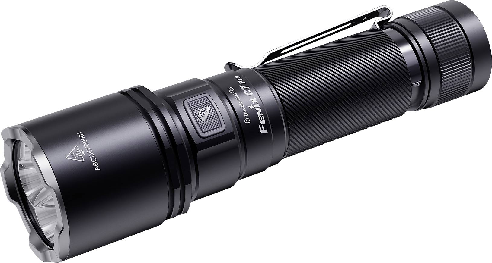 Black Fenix Taschenlampe mit strukturierter Griffoberfläche und Clip, auf weißem Hintergrund gezeigt.