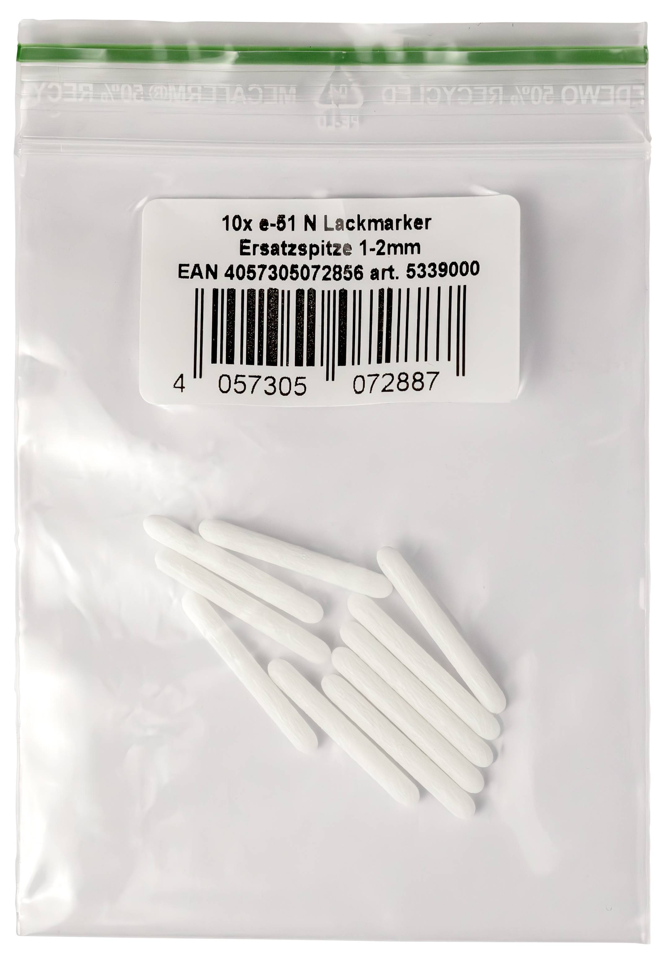 Klare Zip-Tüte mit mehreren weißen Markerstift-Ersatzspitzen, beschriftet mit '10x e-49 N Lackmarker Ersatzspitze 1-2mm' mit Barcode.
